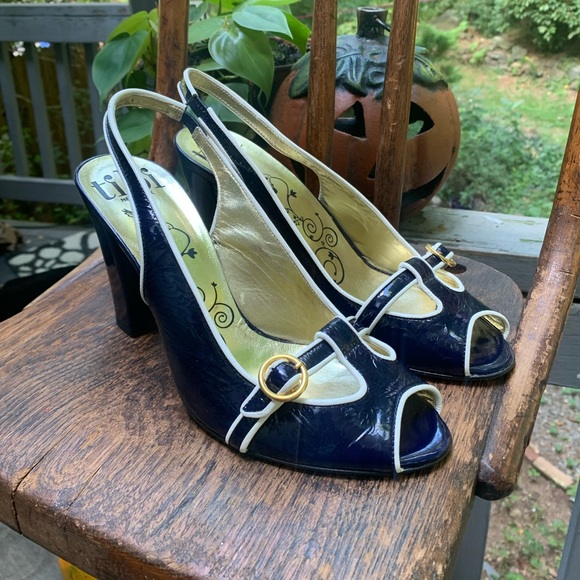 TIBI Navy & White Peep-toe Slingbacks - Picture 1 of 13